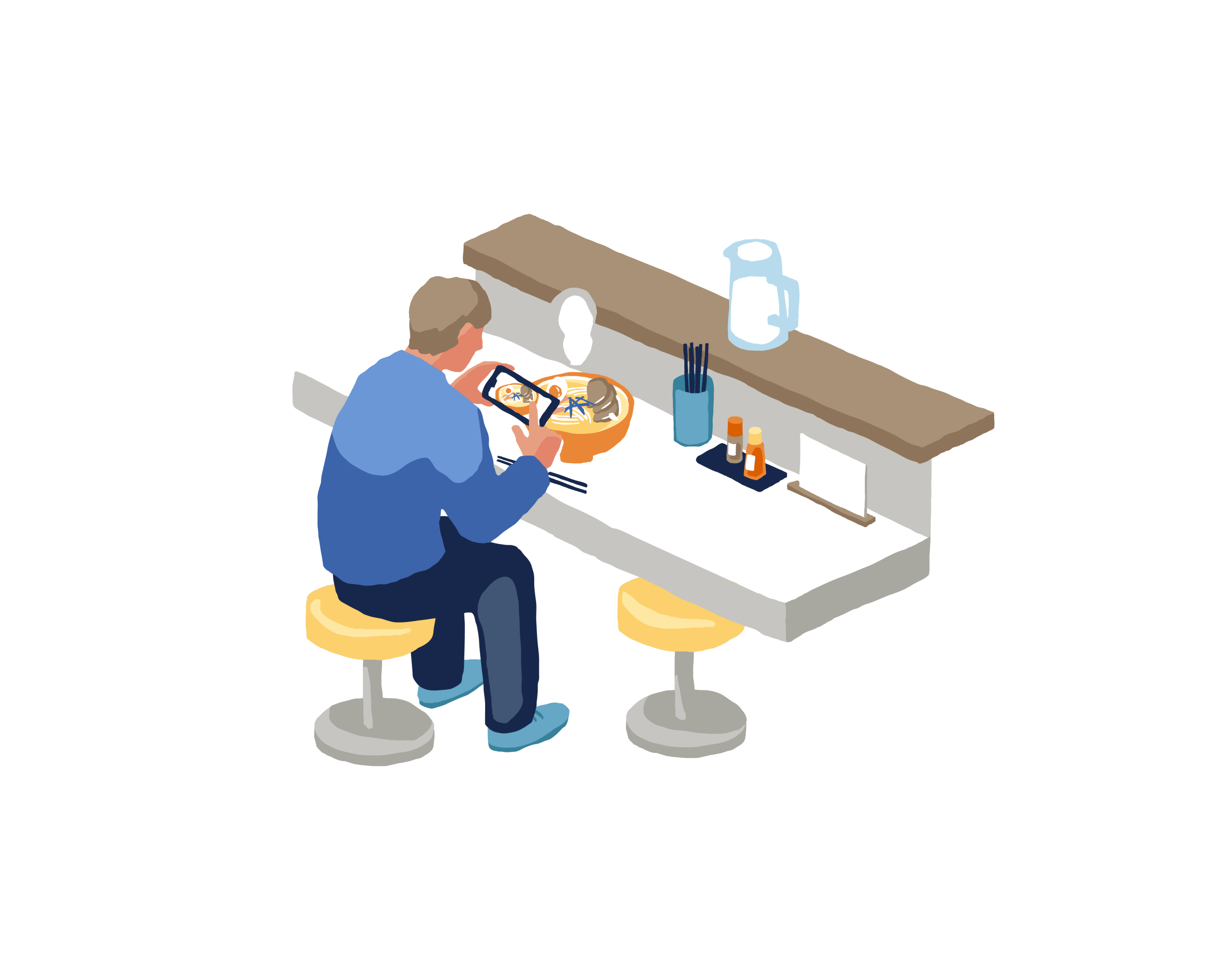 スマホでラーメンの写真を撮る男性