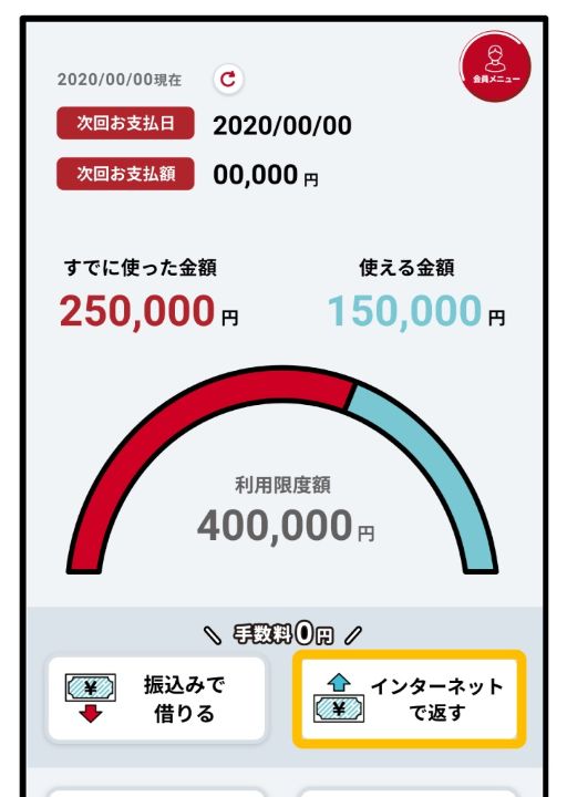 アイフルのスマホアプリ画面のキャプチャ（インターネット返済方法）