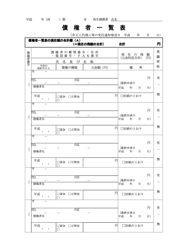 債権者一覧表