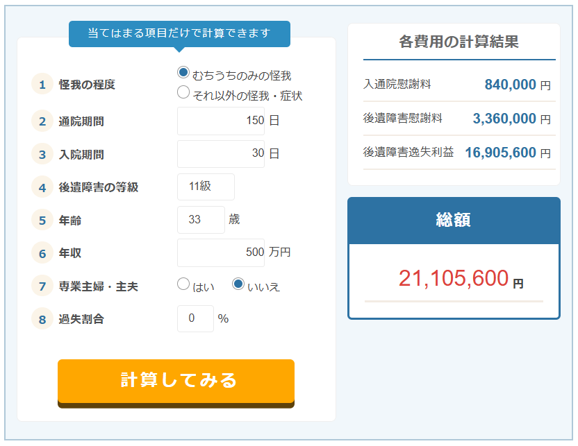 慰謝料計算機の画面サンプル